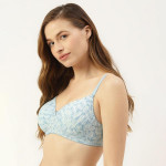 Blue & White Floral Print Lightly Padded Full Coverage Push-Up Bra