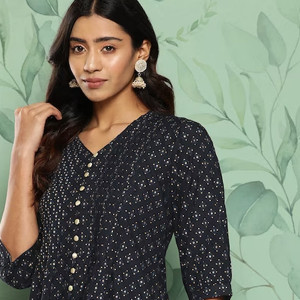 Blue Geometric Printed V-Neck Pleated Kurti