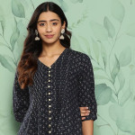 Blue Geometric Printed V-Neck Pleated Kurti