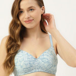 Blue & White Floral Print Lightly Padded Full Coverage Push-Up Bra