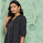 Blue Geometric Printed V-Neck Pleated Kurti